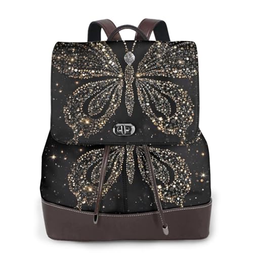 Damen-Rucksack mit Strass-Schmetterlings-Aufdruck, wasserdicht, Diebstahlschutz, leicht, PU-Leder, Nylon, Schule, Schultertasche, Reiserucksack, Schwarz , Einheitsgröße von EZDLOWVBA