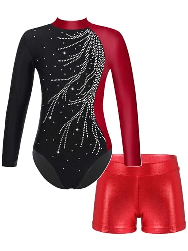 Eandarui Eiskunstlauf Anzug Kinder Tanzkleidung Mädchen Glitzer Langarm Strass Ballett Body Stehkragen Trikot Patchwork Leotard Mit Metallic Shorts Tanzkostüm Burgundy&Rot 158-164 von Eandarui