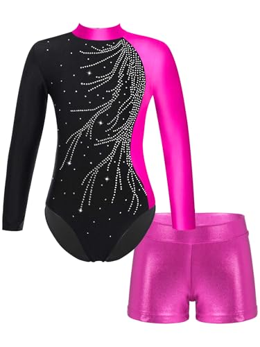 Eandarui Eiskunstlauf Anzug Kinder Tanzkleidung Mädchen Glitzer Langarm Strass Ballett Body Stehkragen Trikot Patchwork Leotard Mit Metallic Shorts Tanzkostüm Rose 146-152 von Eandarui