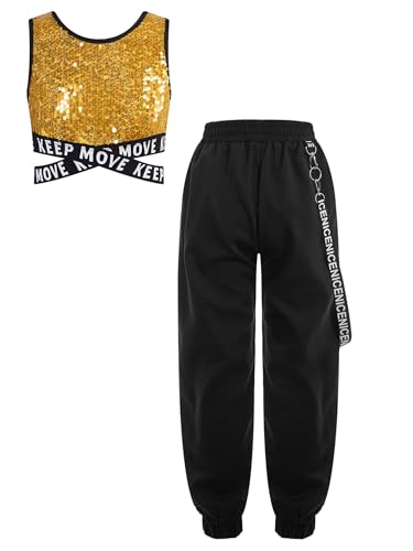 Eandarui Hip Hop Sport Tanz Outfit Mädchen Tanzkostüm Pailletten BH Buchstaben Print Oberteil Mit High Waist Cargohose Metakette Leggings Dancewear Gold 110-116 von Eandarui