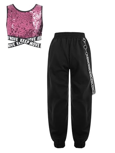 Eandarui Hip Hop Sport Tanz Outfit Mädchen Tanzkostüm Pailletten BH Buchstaben Print Oberteil Mit High Waist Cargohose Metakette Leggings Dancewear Rosa 170 von Eandarui