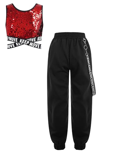 Eandarui Hip Hop Sport Tanz Outfit Mädchen Tanzkostüm Pailletten BH Buchstaben Print Oberteil Mit High Waist Cargohose Metakette Leggings Dancewear Rot 110-116 von Eandarui