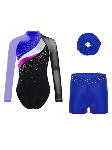 Eandarui Kinder Mädchen Ballettanzug Langarm Ballett Body Strass Glitzer Tanztrikot Mit Tanz Shorts Haarband Dancewear Blau 146-152 von Eandarui