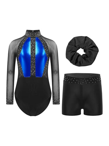 Eandarui Kinder Mädchen Ballettanzug Langarm Strass Glitzer Gymnastikanzug Mit High Waist Tanz Shorts Haarband 3tlg Tanzkleidung Tanz Outfit Blau 134-140 von Eandarui