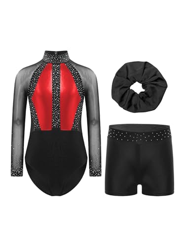 Eandarui Kinder Mädchen Ballettanzug Langarm Strass Glitzer Gymnastikanzug Mit High Waist Tanz Shorts Haarband 3tlg Tanzkleidung Tanz Outfit Rot 170 von Eandarui