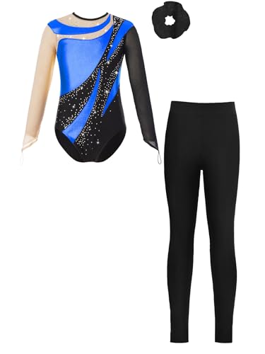 Eandarui Kinder Mädchen Ballettanzug Langarm Strass Glitzer Tanzbody Metallic Patchwork Leotard Mit Lang Hose Haarband 3tlg Tanzkostüm B Königsblau 110-116 von Eandarui