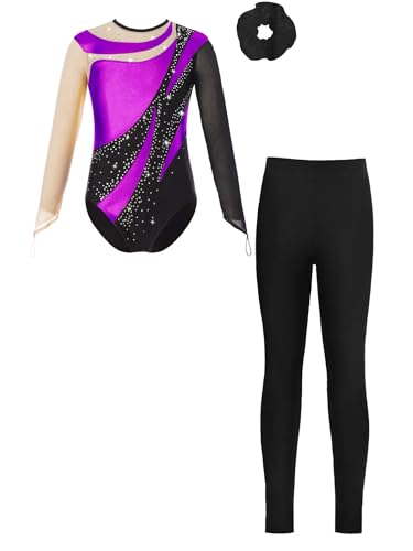 Eandarui Kinder Mädchen Ballettanzug Langarm Strass Glitzer Tanzbody Metallic Patchwork Leotard Mit Lang Hose Haarband 3tlg Tanzkostüm B Lila 134-140 von Eandarui