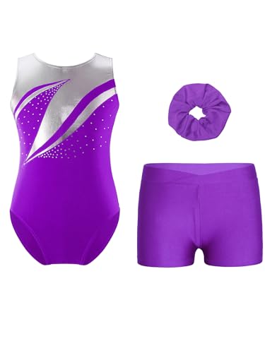 Eandarui Kinder Mädchen Ballettanzug Strass Glitzer Ballett Body Metallic Patchwork Trikot Ärmellos Leotard Mit Tanz Shorts Haarband 3tlg Tanzkostüm Violett 158-164 von Eandarui