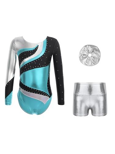 Eandarui Kinder Mädchen Ballettanzug Strass Glitzer Gymnastikbody Metallic Patchwork Tanztrikot Langarm Leotard Mit Glitzer Shorts Haarband 3tlg Tanzkostüm Blau und Silber 134-140 von Eandarui