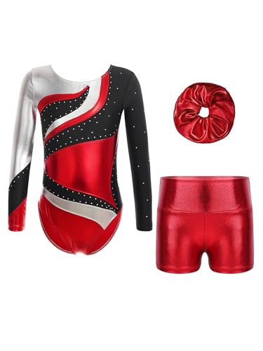 Eandarui Kinder Mädchen Ballettanzug Strass Glitzer Gymnastikbody Metallic Patchwork Tanztrikot Langarm Leotard Mit Glitzer Shorts Haarband 3tlg Tanzkostüm Rot 134-140 von Eandarui