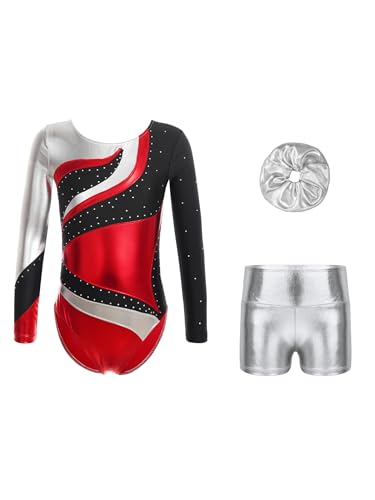 Eandarui Kinder Mädchen Ballettanzug Strass Glitzer Gymnastikbody Metallic Patchwork Tanztrikot Langarm Leotard Mit Glitzer Shorts Haarband 3tlg Tanzkostüm Rot und Silber 170 von Eandarui