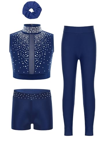 Eandarui Kinder Mädchen Ballettanzug Strass Glitzer Oberteil Ärmellos Kurz Top Mit Turnshorts Lang Yogahose Haarband 4tlg Dancewear Navy blau 158-164 von Eandarui