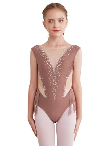 Eandarui Latein Tanz Body Kinder Mädchen Fransen Quasten Tanztrikot Ärmellos Gymnastikbody Strass Glitzer Trikotanzug Mit Mesh Patchwork Kaffee 170-176 von Eandarui