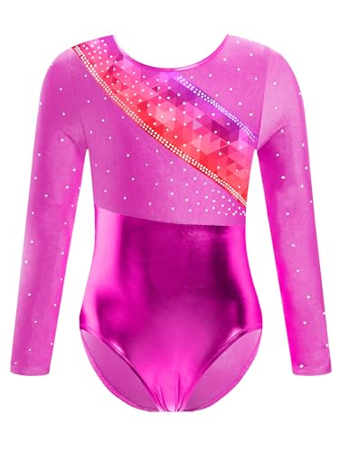 Eandarui Turnanzug Mädchen Metallic Langarm Glänzend Ballettanzug Strass Glitzer Sportbody Patchwork Leotard Cut Out Dancewear Heißer Rosa & Geometrische 110-116 von Eandarui