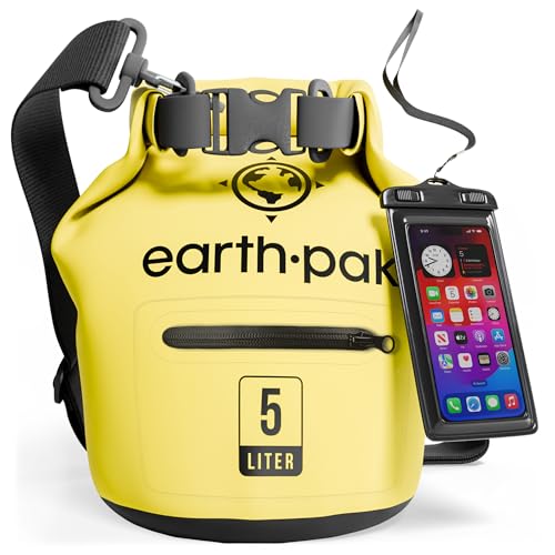 Earth Pak Dry Bag – Wasserdichter Packsack mit Reißverschluss Tasche, Schultergurt und wasserfester Handyhülle – Ideal beim Kajak Fahren, Camping, Angeln, Bootfahren und Rafting (Gelb, 5L) von Earth Pak