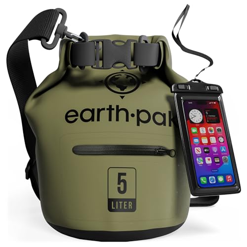 Earth Pak Dry Bag – Wasserdichter Packsack mit Reißverschluss Tasche, Schultergurt und wasserfester Handyhülle – Ideal beim Kajak Fahren, Camping, Angeln, Bootfahren und Rafting (Grün, 5L) von Earth Pak