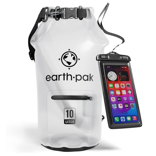 Earth Pak Dry Bag – Wasserdichter Packsack mit Reißverschluss Tasche, Schultergurt und wasserfester Handyhülle – Ideal beim Kajak Fahren, Camping, Angeln, Bootfahren und Rafting (Klar, 10L) von Earth Pak