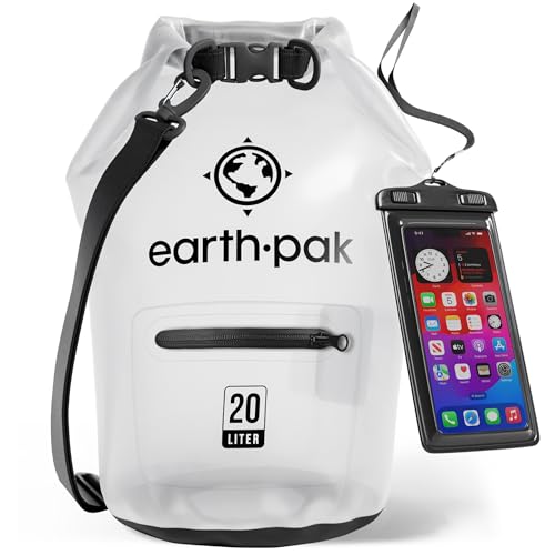 Earth Pak Dry Bag – Wasserdichter Packsack mit Reißverschluss Tasche, Schultergurt und wasserfester Handyhülle – Ideal beim Kajak Fahren, Camping, Angeln, Bootfahren und Rafting (Klar, 20L) von Earth Pak