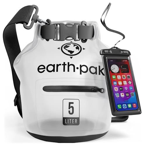 Earth Pak Dry Bag – Wasserdichter Packsack mit Reißverschluss Tasche, Schultergurt und wasserfester Handyhülle – Ideal beim Kajak Fahren, Camping, Angeln, Bootfahren und Rafting (Klar, 5L) von Earth Pak