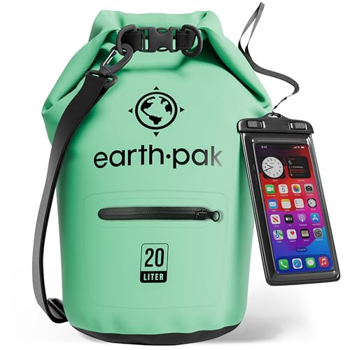 Earth Pak Dry Bag – Wasserdichter Packsack mit Reißverschluss Tasche, Schultergurt und wasserfester Handyhülle – Ideal beim Kajak Fahren, Camping, Angeln, Bootfahren und Rafting (Meerschaumgrün, 20L) von Earth Pak