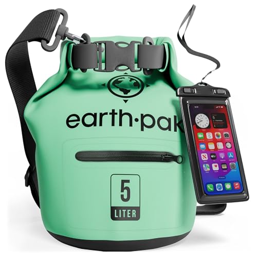 Earth Pak Dry Bag– Wasserdichter Packsack mit Reißverschluss Tasche, Schultergurt und wasserfester Handyhülle – Ideal beim Kajak Fahren, Camping, Angeln, Bootfahren und Rafting (Meerschaumgrün, 5L) von Earth Pak
