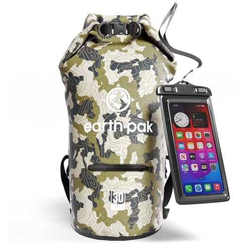 Earth Pak Dry Bag – Wasserdichter Packsack mit Reißverschluss Tasche, Schultergurt und wasserfester Handyhülle – Ideal beim Kajak Fahren, Camping, Angeln, Bootfahren und Rafting (Tarnung, 30L) von Earth Pak