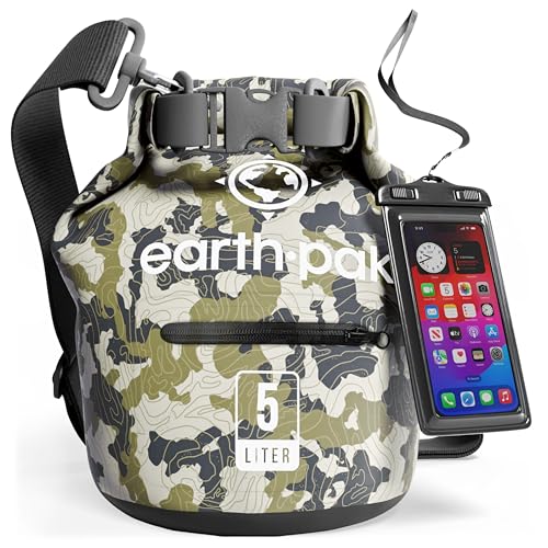 Earth Pak Dry Bag – Wasserdichter Packsack mit Reißverschluss Tasche, Schultergurt und wasserfester Handyhülle – Ideal beim Kajak Fahren, Camping, Angeln, Bootfahren und Rafting (Tarnung, 5L) von Earth Pak