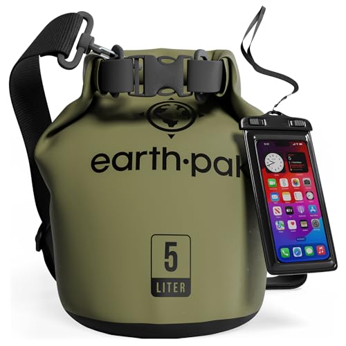 Earth Pak Dry Bag – Wasserdichter Packsack mit Schultergurt und wasserfester Handyhülle – Ideale Rolltop Tasche beim Kajak Fahren, Wandern, Camping, Angeln, Bootfahren und Rafting (Waldgrün, 5L) von Earth Pak