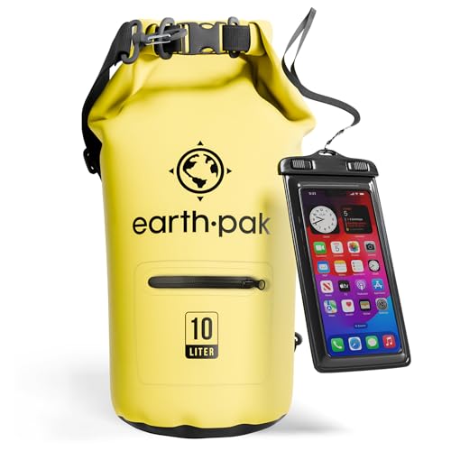 Earth Pak Dry Bag – wasserdichter Packsack mit Reißverschluss Tasche, Schultergurt und wasserfester Handyhülle – ideal beim Kajak Fahren, Camping, Angeln, Bootfahren und Rafting (Gelb, 10L) von Earth Pak