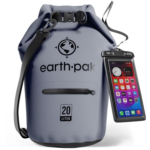 Earth Pak Torrent Serie Dry Bag wassersdichte Tasche mit verstellbarem Schultergurt und wasserfester Handyhülle Ideal beim Kajak Fahren Angeln Rafting Grau 20L von Earth Pak