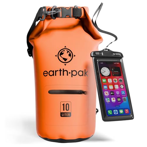 Earth Pak Dry Bag – wasserdichter Packsack mit Reißverschluss Tasche, Schultergurt und wasserfester Handyhülle – ideal beim Kajak Fahren, Camping, Angeln, Bootfahren und Rafting (Orange, 10L) von Earth Pak