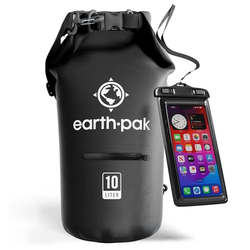Earth Pak Torrent Serie Dry Bag wassersdichte Tasche mit verstellbarem Schultergurt und wasserfester Handyhülle Ideal beim Kajak Fahren Angeln Rafting Schwarz 10L von Earth Pak