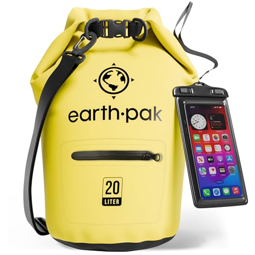 Earth Pak Torrent Serie Dry Bag wassersdichte Tasche mit verstellbarem Schultergurt und wasserfester Handyhülle Ideal beim Kajak Fahren Angeln Rafting Gelb 20L von Earth Pak