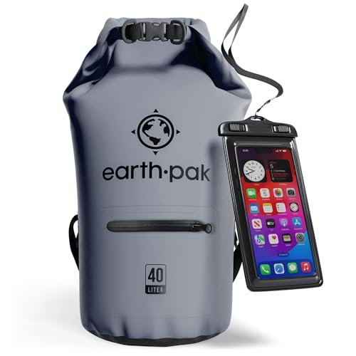 Earth Pak Torrent Serie Dry Bag wassersdichte Tasche mit verstellbarem Schultergurt und wasserfester Handyhülle Ideal beim Kajak Fahren Angeln Rafting Grau 40L von Earth Pak