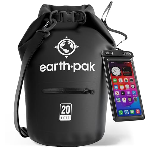 Earth Pak Torrent Serie Dry Bag wassersdichte Tasche mit verstellbarem Schultergurt und wasserfester Handyhülle Ideal beim Kajak Fahren Angeln Rafting Schwarz 20L von Earth Pak