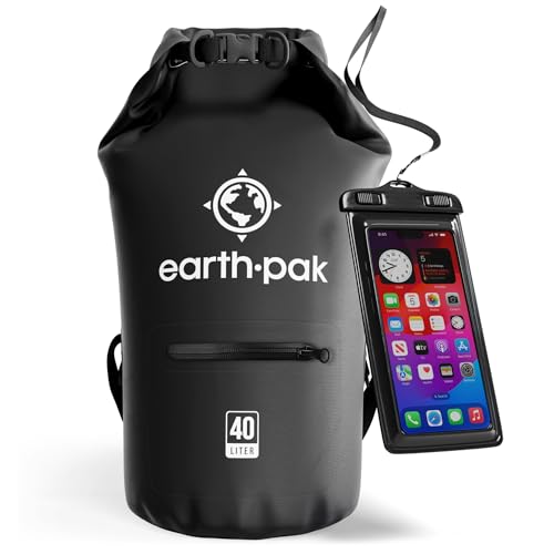Earth Pak Torrent Serie Dry Bag wassersdichte Tasche mit verstellbarem Schultergurt und wasserfester Handyhülle Ideal beim Kajak Fahren Angeln Rafting Schwarz 40L von Earth Pak