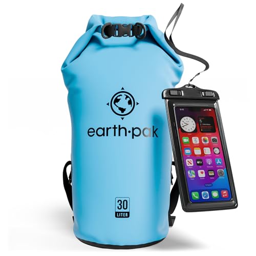 Earth Pak – Wasserdichter Packsack mit Schultergurt und wasserfester Handyhülle – Ideale Rolltop Tasche beim Kajak Fahren, Wandern, Camping, Angeln, Bootfahren und Rafting (Hellblau, 30L) von Earth Pak