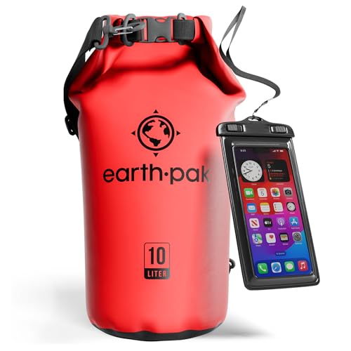 Earth Pak – Wasserdichter Packsack mit Schultergurt und wasserfester Handyhülle – Ideale Rolltop Tasche beim Kajak Fahren, Wandern, Camping, Angeln, Bootfahren und Rafting (Rot, 10L) von Earth Pak