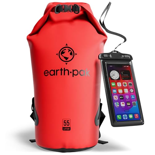 Earth Pak – Wasserdichter Packsack mit Schultergurt und wasserfester Handyhülle – Ideale Rolltop Tasche beim Kajak Fahren, Wandern, Camping, Angeln, Bootfahren und Rafting (Rot, 55L) von Earth Pak