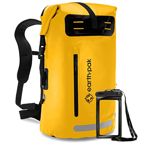 Earth Pak wasserdichter Rucksack – 35L / 55L Waterproof Backpack mit leistungsstarkem Rolltop Rollverschluss, Reißverschluss Tasche und IPX8 wasserfester Handyhülle (Gelb, 85L) von Earth Pak