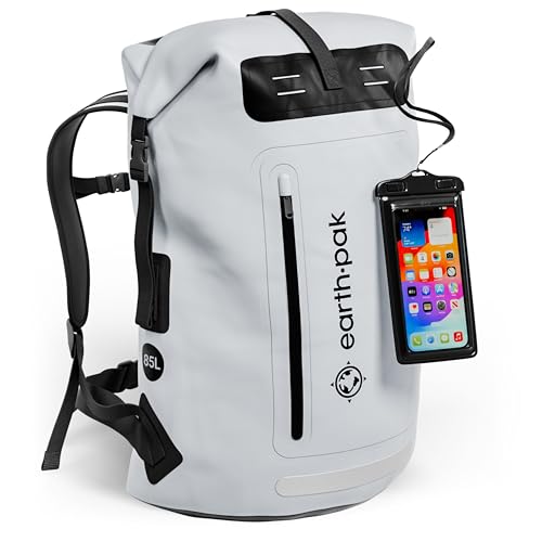 Earth Pak wasserdichter Rucksack – 35L / 55L Waterproof Backpack mit leistungsstarkem Rolltop Rollverschluss, Reißverschluss Tasche und IPX8 wasserfester Handyhülle (Grau, 85L) von Earth Pak
