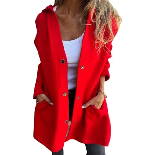 Meditatem Lässige einreihige Kapuzenjacke, Meditatem Damenjacken, Einreihige Trenchcoats für Damen, Trenchcoat mit Kapuze für Damen, Kapuzenjacke für Damen (Small,Red) von EasPowest