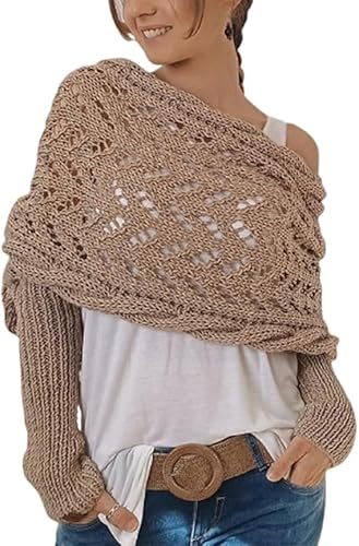 Multifunktionsschal mit Ärmeln, Strick-Zopftuch, Bolzen für Damen, Stricktuch, Schal-Pullover-Wickeltuch mit Ärmeln, Schal mit Ärmeln für Damen, Strickschal mit Ärmeln (One Size,Camel) von EasPowest