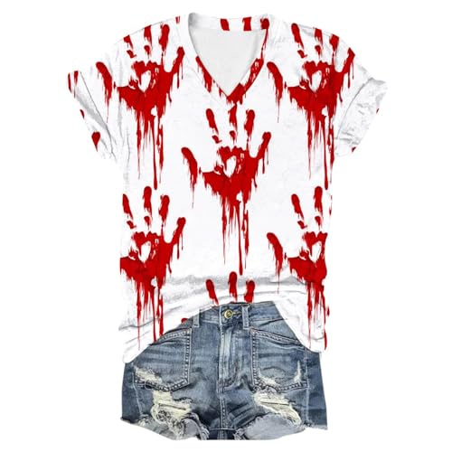 Blutiges T-Shirt Halloween, Sommer Oberteile Damen, Tshirt Entsetzen Blutiges Shirts Kurzarm V-Ausschnitt Tee Top mit Blutigem Print Bluse Lässige Komfort Halloween Kostüm von Eauptffy