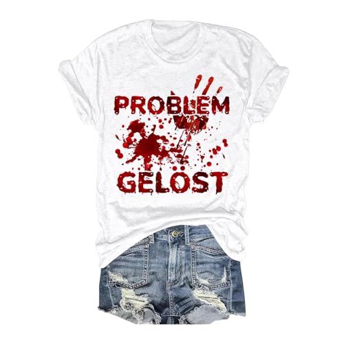 Blutiges T-Shirt Problem Gelöst, T-Shirt Damen Sommer, Tee Shirt Horror Blutiges Sommershirt Kurze Ärmel Rundhalsausschnitt Tee Tops mit Blutigem Print Sommerblusen Leichter Casual Halloween Kostüm von Eauptffy