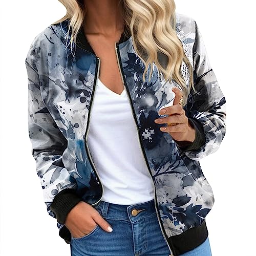 Bomberjacke Damen, Leichte Sommerjacke Damen, Pilotenjacke Reissverschluss Langarm Fliegerjacke Bequemer Dünn Sommerjacken Gedrucktes Modische Bikerjacke Lässiger Eleganter Windbreaker Ladies 2024 von Eauptffy