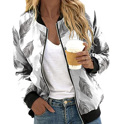 Bomberjacke Damen Beige, Blouson Damen Schwarz, Pilotenjacke Langarm Reißverschluss Fliegerjacke Leichter Dünne Outdoorjacke Gedruckter Modern Collegejacke Freizeit Elegant Jacken Mädchen 2024 von Eauptffy