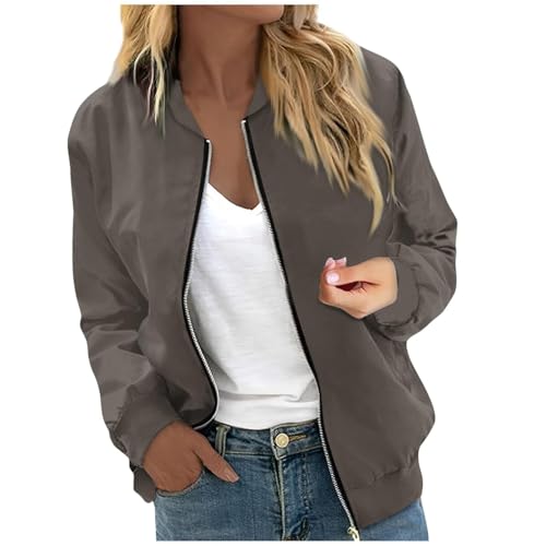 Bomberjacke Damen Beige, Sommerjacke Damen, Pilotenjacke Zip Langarm Fliegerjacke Dünn Bequeme Sommerjacke Einfarbiger Klassisch Funktionsjacke Lässiger Schicke Trenchcoat Teenager Mädchen Outdoor von Eauptffy