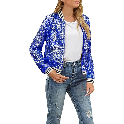 Bomberjacke Damen Blau, Blouson Damen Weiß, Pilotenjacke Langärmliges Reißverschluss Fliegerjacke Bequemer Dünn Bomber Jacket Pailletten Mode Funktionsjacke Lounge Schicke Jacke Mädchen Winter von Eauptffy