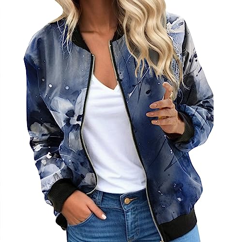 Bomberjacke Damen Blau, Blouson Jacke Damen Rot, Pilotenjacke Langen Ärmeln Zip Up Fliegerjacke Dünn Leicht Damenjacken Modern Gedruckt Übergangsjacke Elegant Lässig Mantel College Teenager Mädchen von Eauptffy